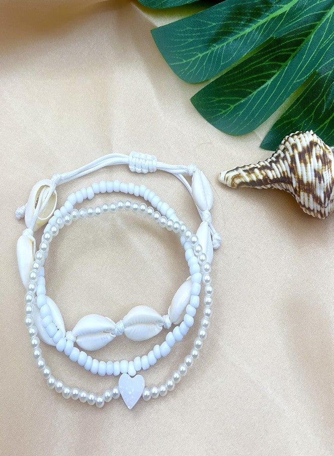 PINCHUAN 3PCS Boho Anklets for Women Summer Beach Women's Ankle Bracelets Beaded Anklet Bracelet Waterproof Beach Anklets Shell Starfish Anklet Foot Chain Jewelry for Women-3PCS/white - Image 5